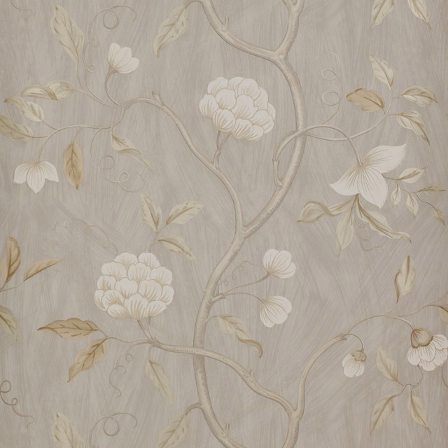 Pale silver-grey wallpaper with white blooms, branching stems and muted beige leaves