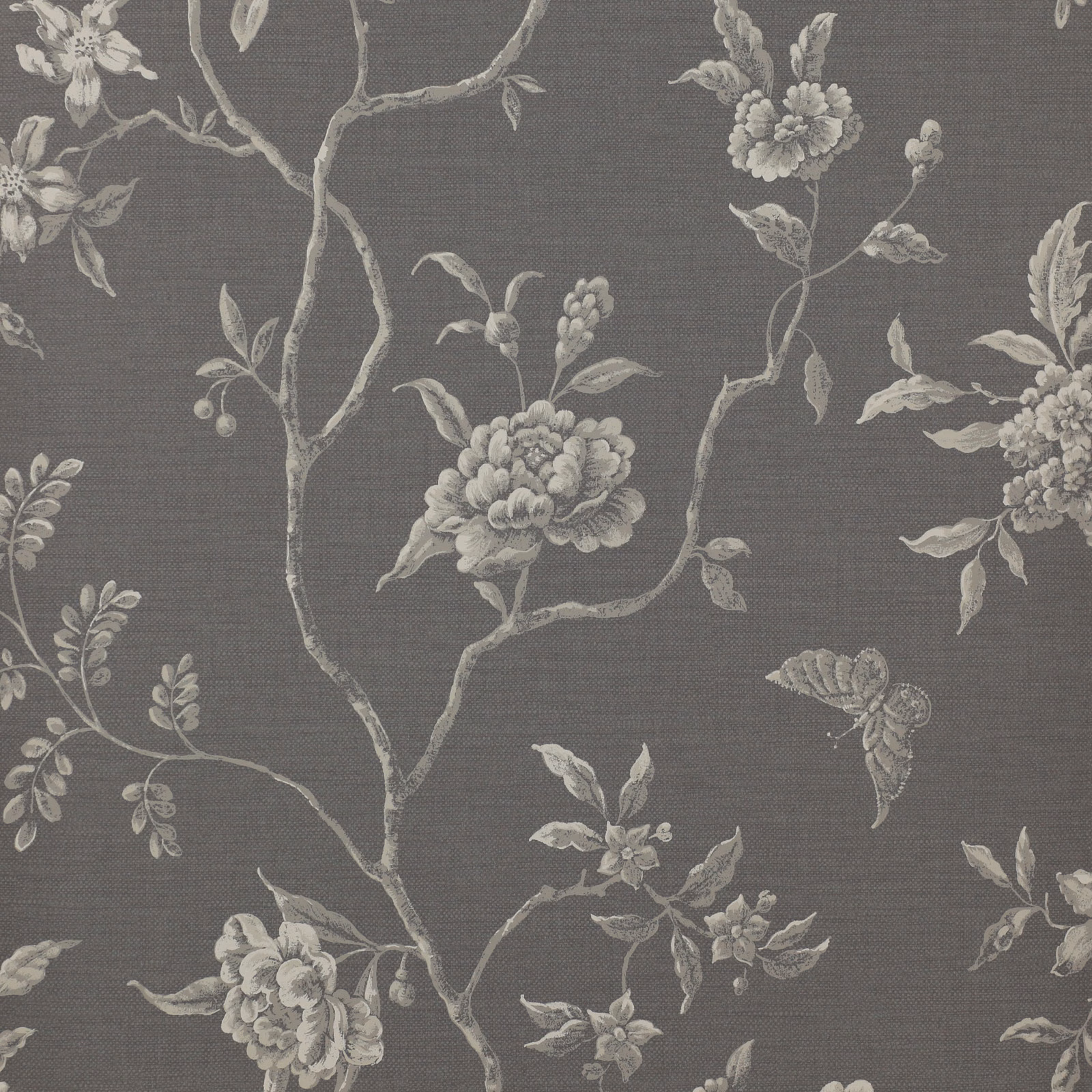 Charcoal wallpaper with pale flowering branches, peonies and delicate leaves