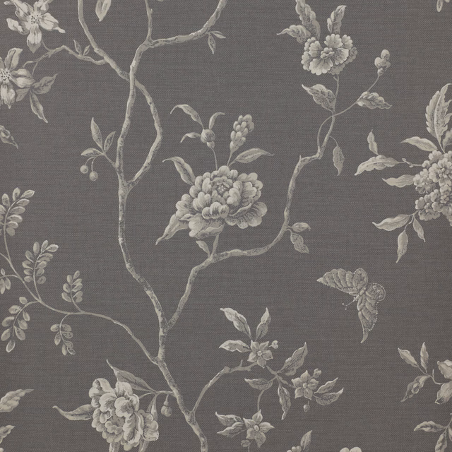 Charcoal wallpaper with pale flowering branches, peonies and delicate leaves