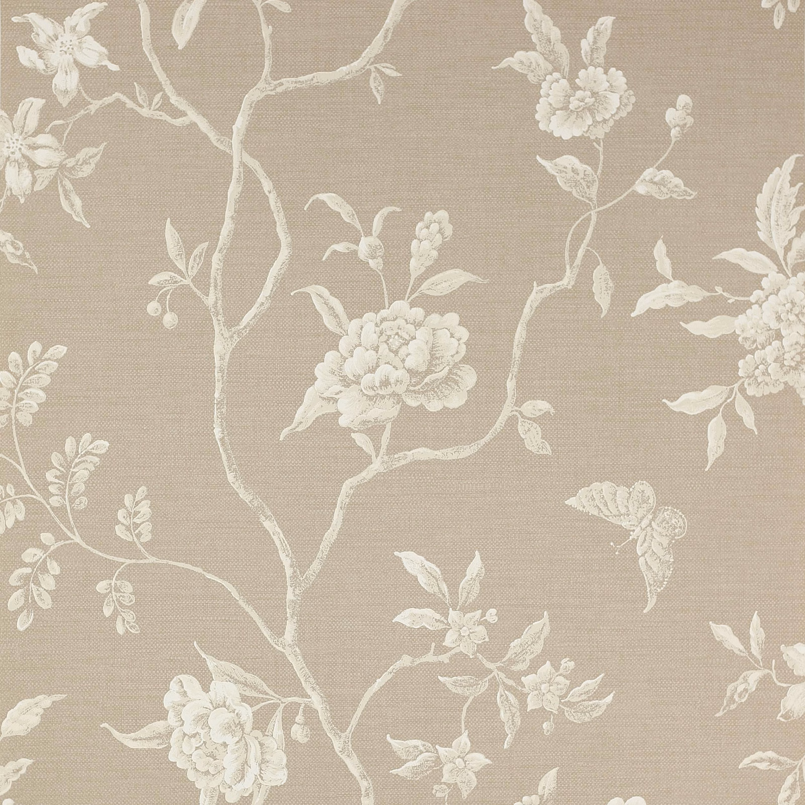 Warm flax beige wallpaper with ivory branches, leaves and clustered blooms