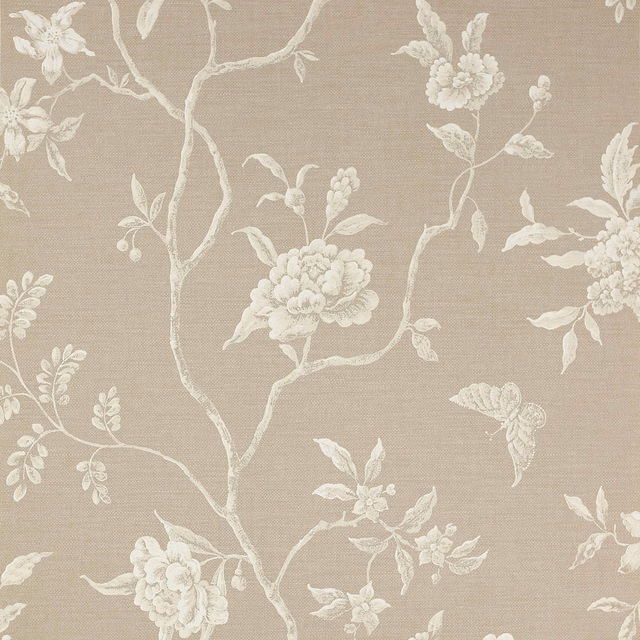 Warm flax beige wallpaper with ivory branches, leaves and clustered blooms
