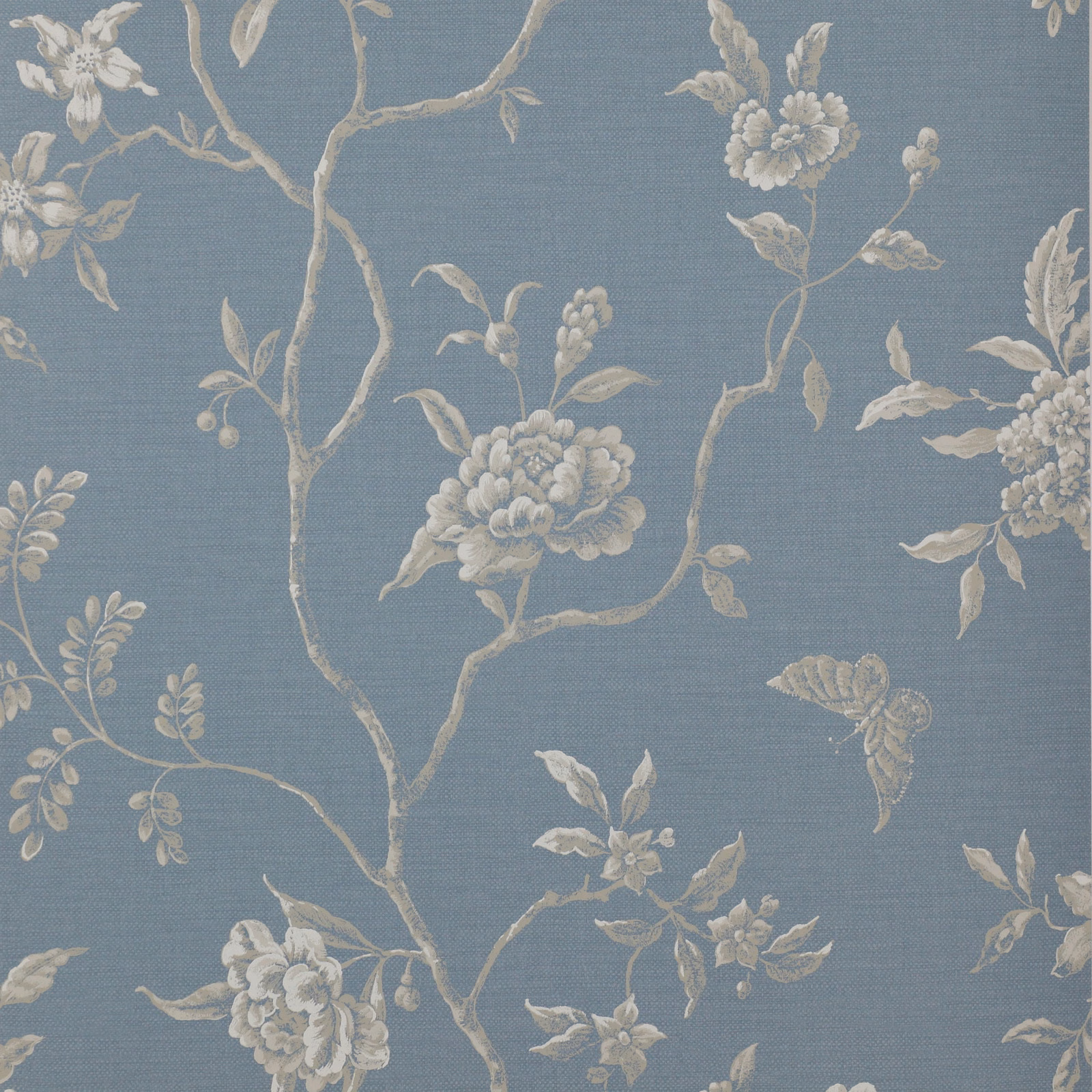 Muted slate-navy wallpaper with pale flowering branches and clustered botanical blooms