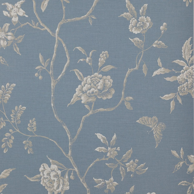 Muted slate-navy wallpaper with pale flowering branches and clustered botanical blooms
