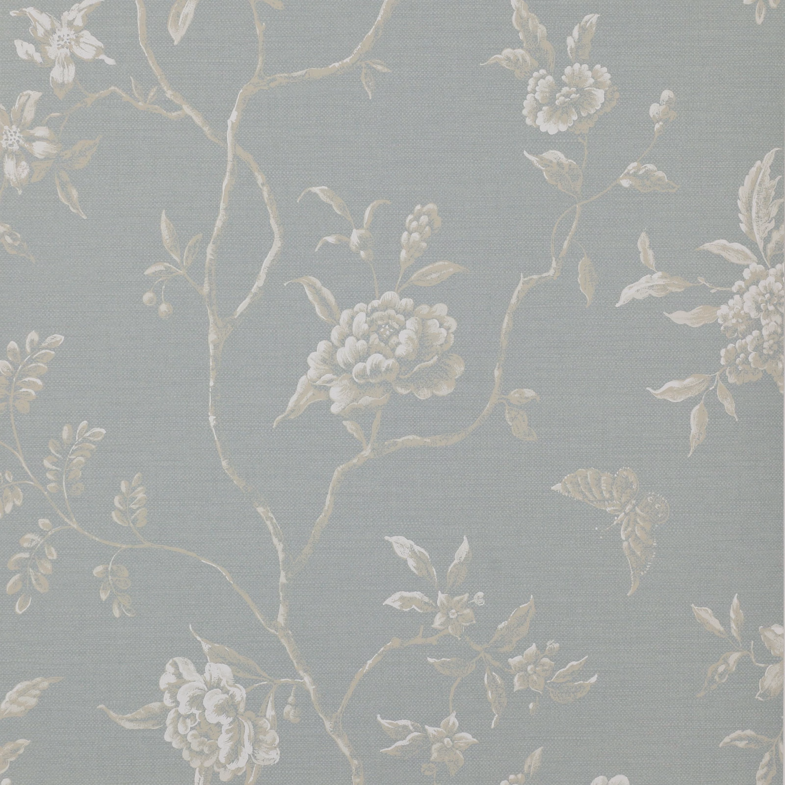 Muted blue-grey wallpaper with ivory flowering branches and large botanical blooms
