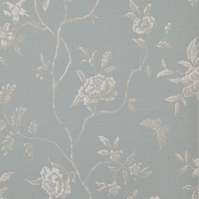 Muted blue-grey wallpaper with ivory flowering branches and large botanical blooms