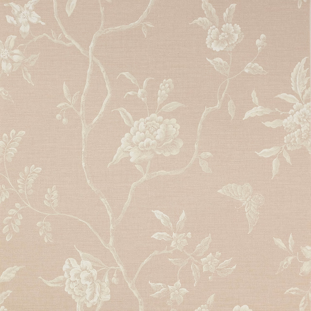 Dusty blush-pink wallpaper with ivory flowering branches and winding stems