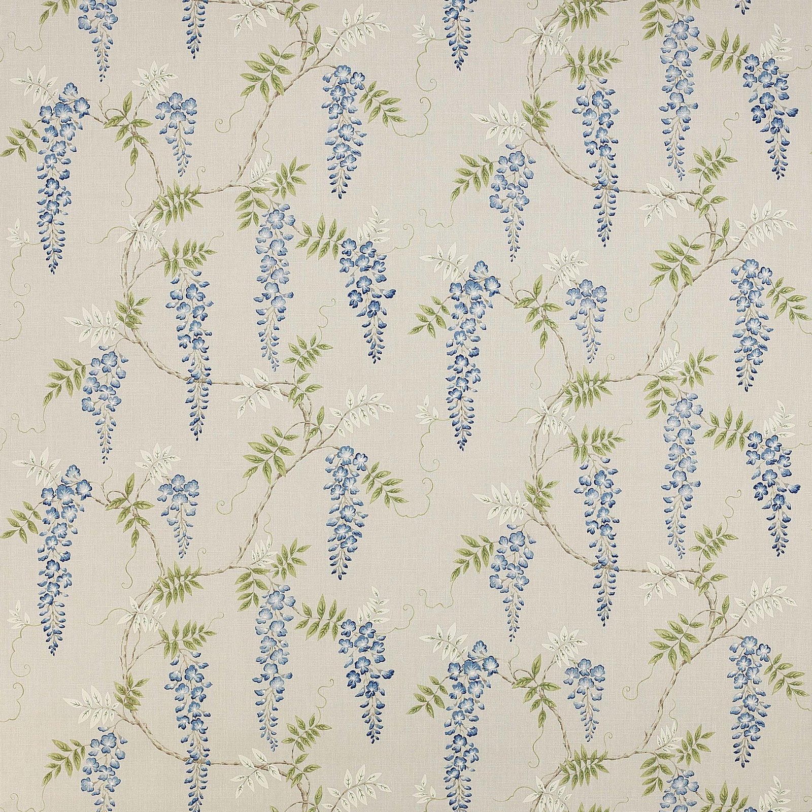 Blue wisteria floral linen with pale green trailing leaves on a light ground