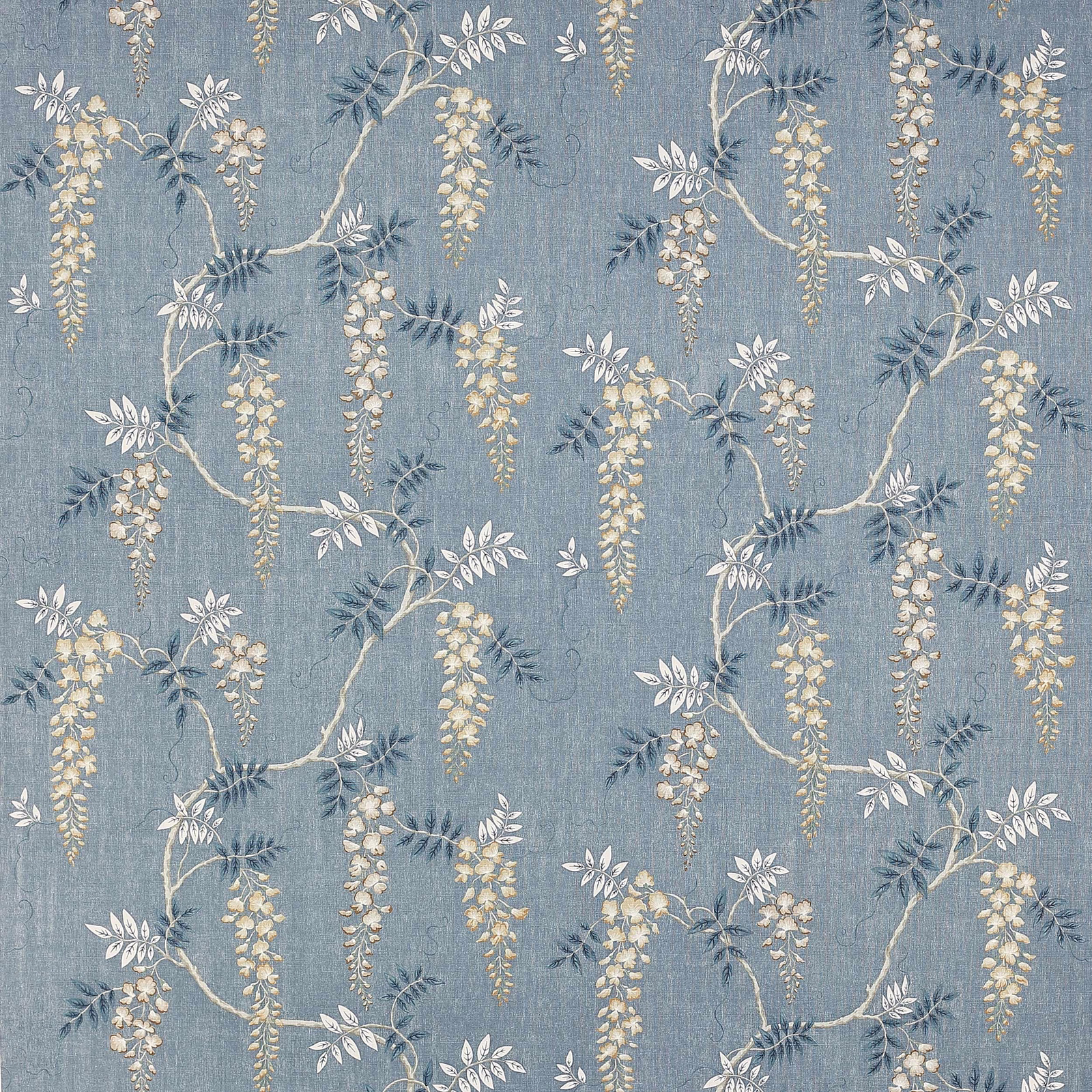 Blue-grey linen fabric with trailing floral branches and pale blossom clusters