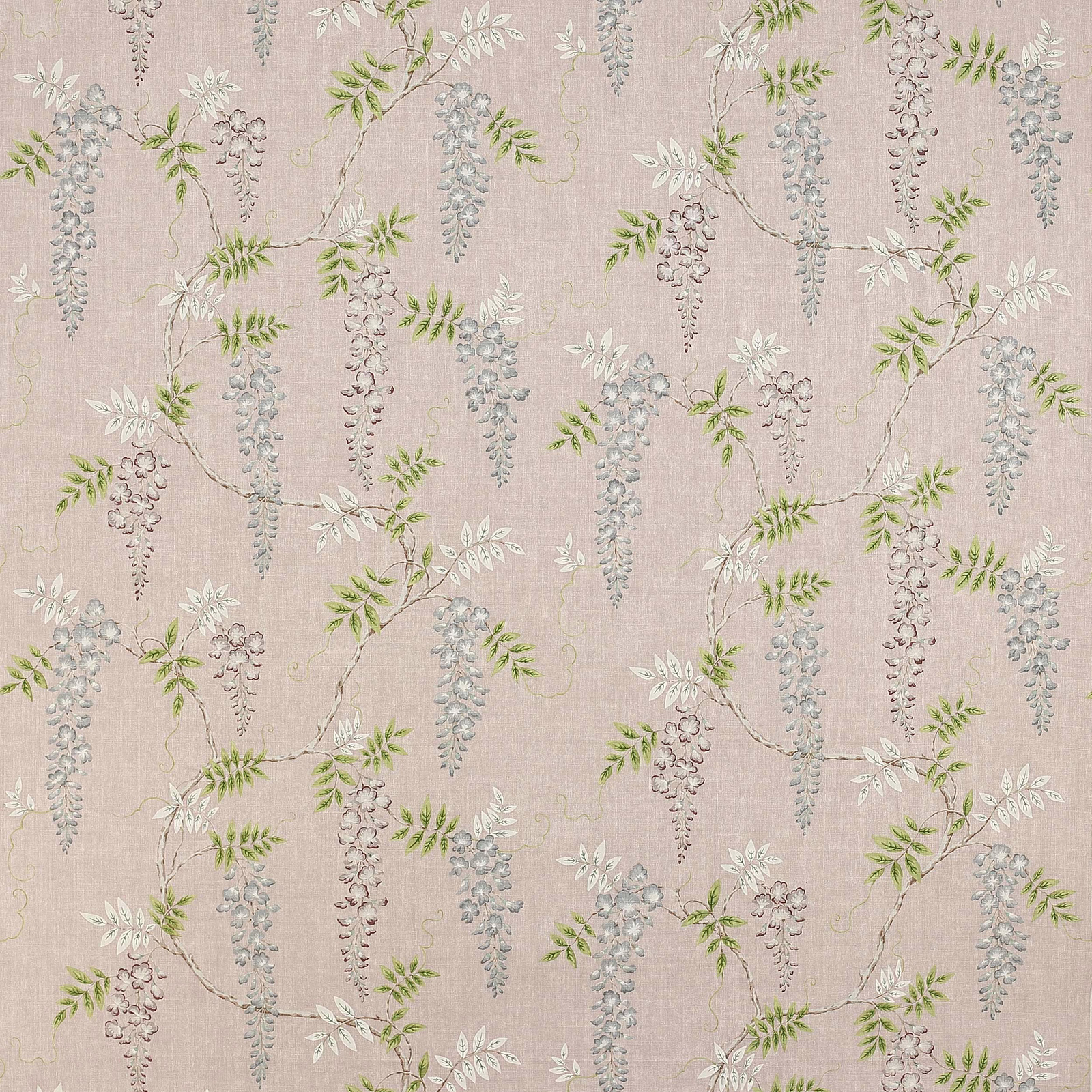 Pale old pink linen fabric with trailing floral vine and soft blue-grey blossoms