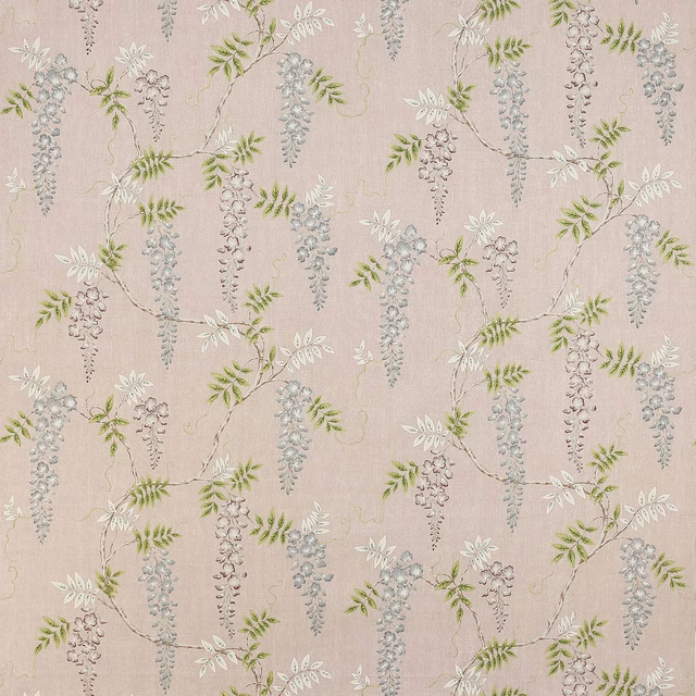 Pale old pink linen fabric with trailing floral vine and soft blue-grey blossoms