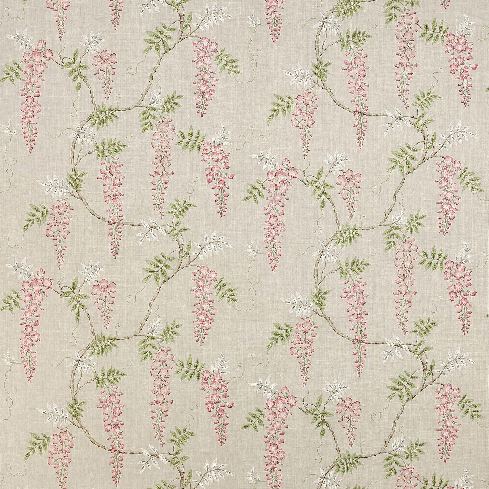 Trailing pink blossom and green leaves on a pale linen ground