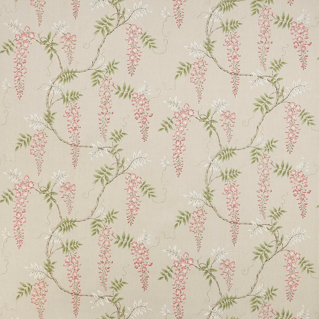 Trailing pink blossom and green leaves on a pale linen ground