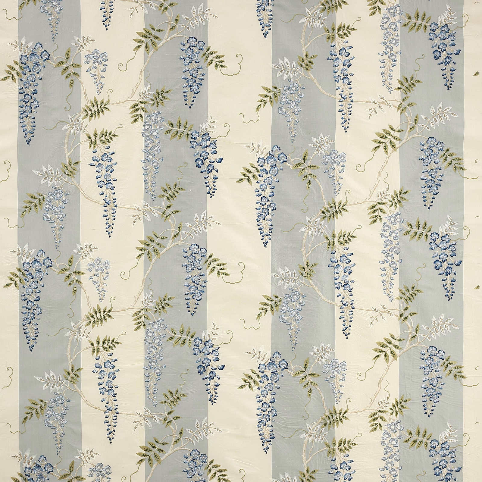 Pale blue and cream striped floral silk fabric with trailing blue blossoms