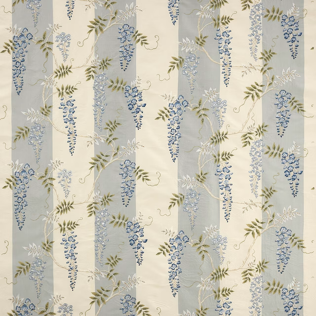 Pale blue and cream striped floral silk fabric with trailing blue blossoms