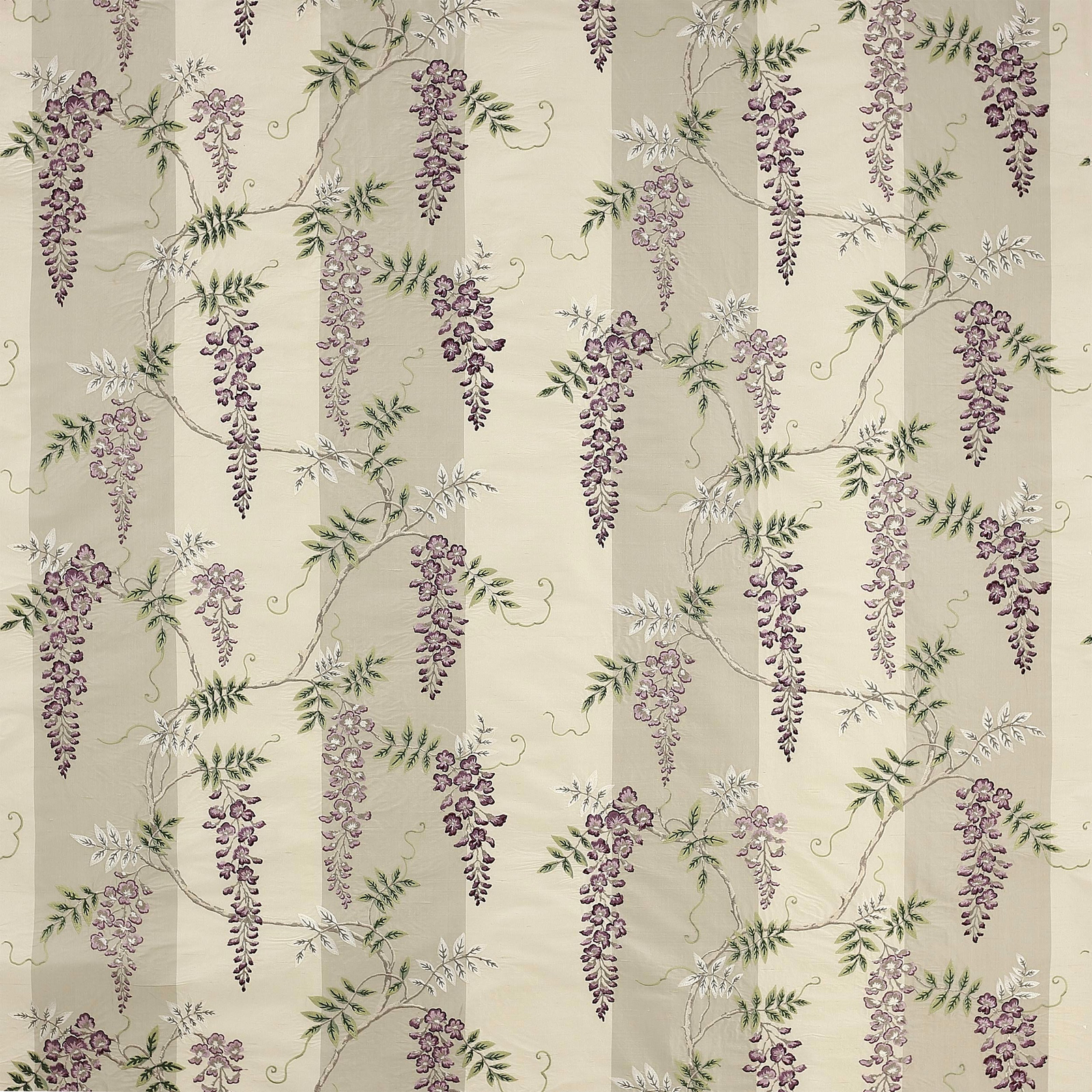 Pale lilac floral trailing fabric with sage leaves and cream ground
