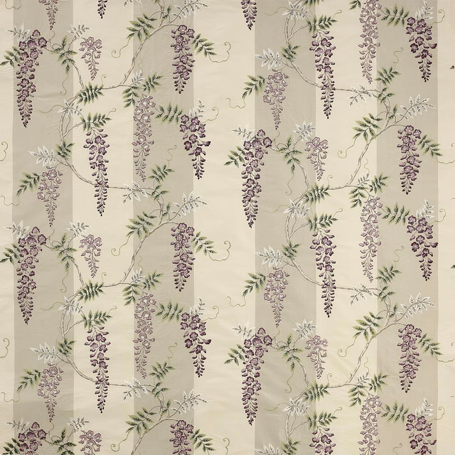 Pale lilac floral trailing fabric with sage leaves and cream ground