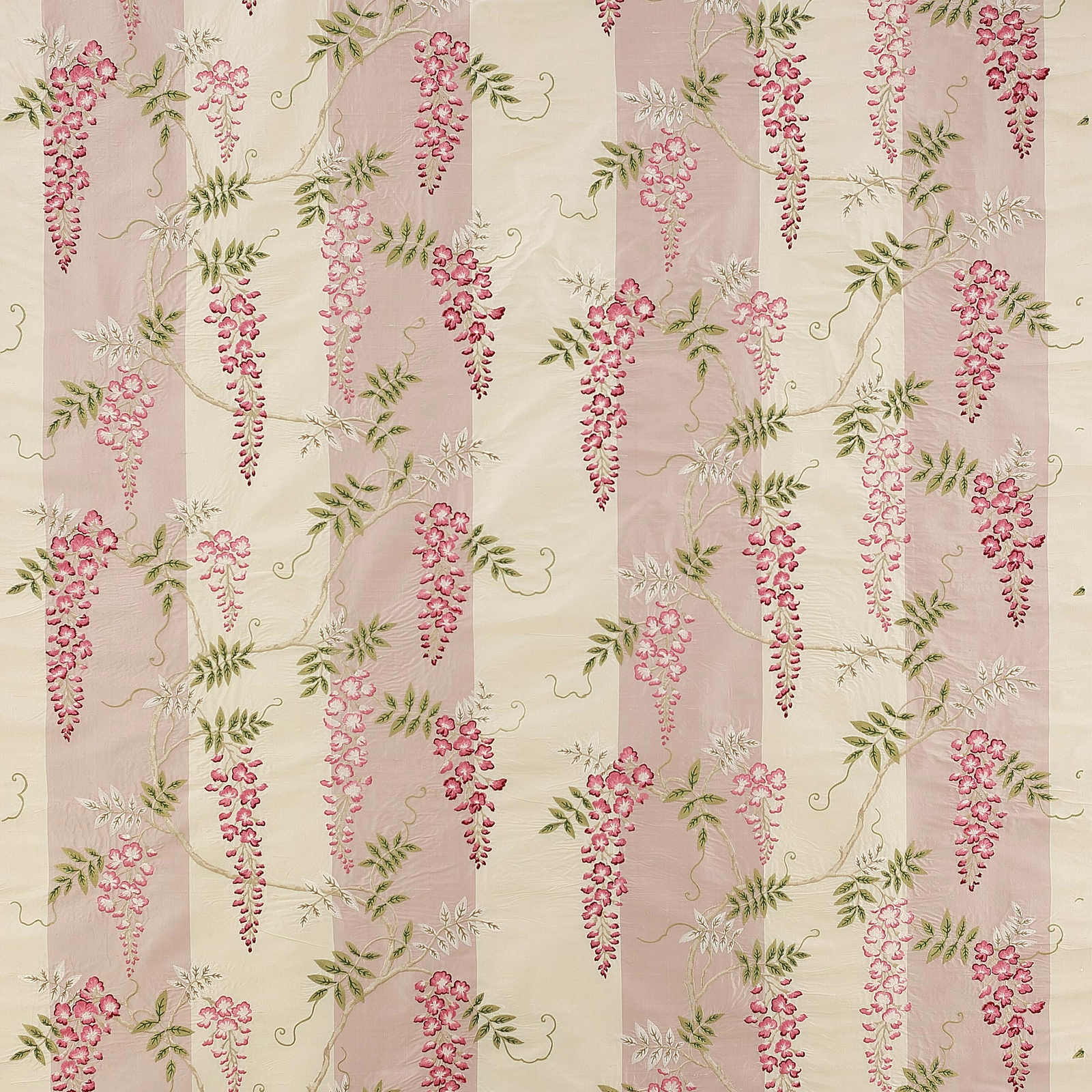 Pink trailing floral silk fabric with soft vertical stripes and green leaves