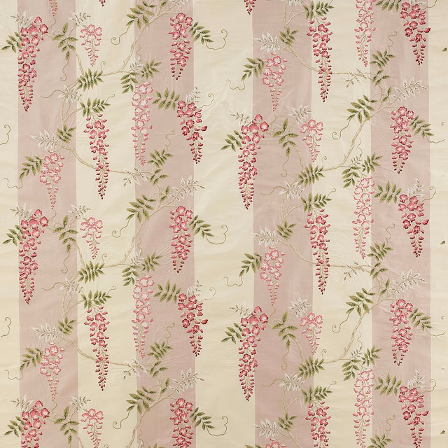 Pink trailing floral silk fabric with soft vertical stripes and green leaves