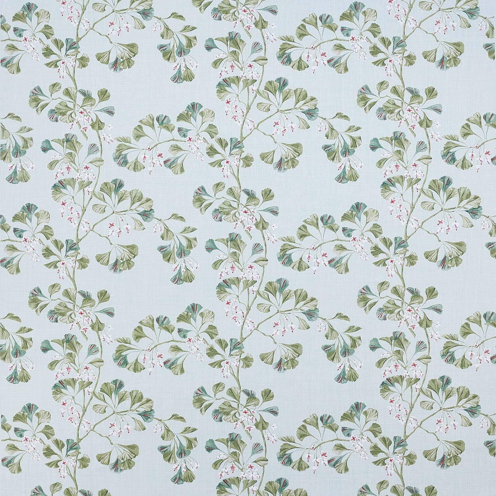 Pale aqua linen fabric with trailing green floral sprigs and tiny pink blossoms