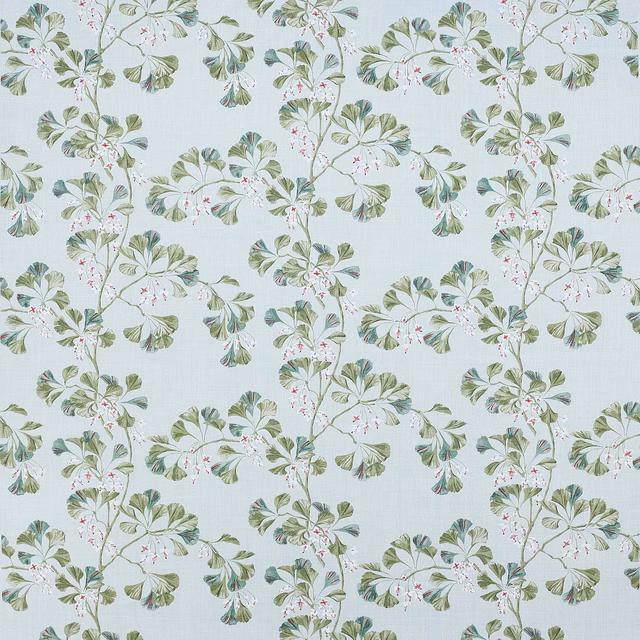 Pale aqua linen fabric with trailing green floral sprigs and tiny pink blossoms
