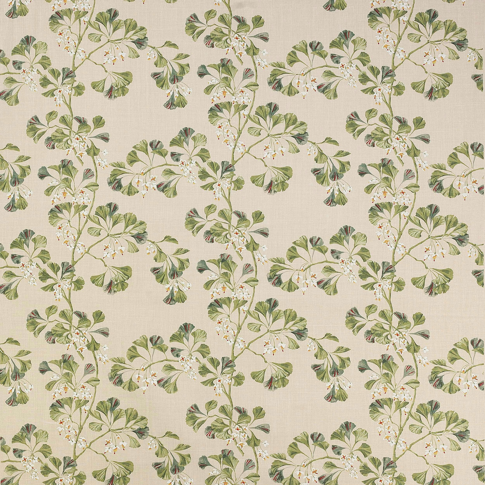 Cream linen fabric with scattered forest-green leafy floral sprigs