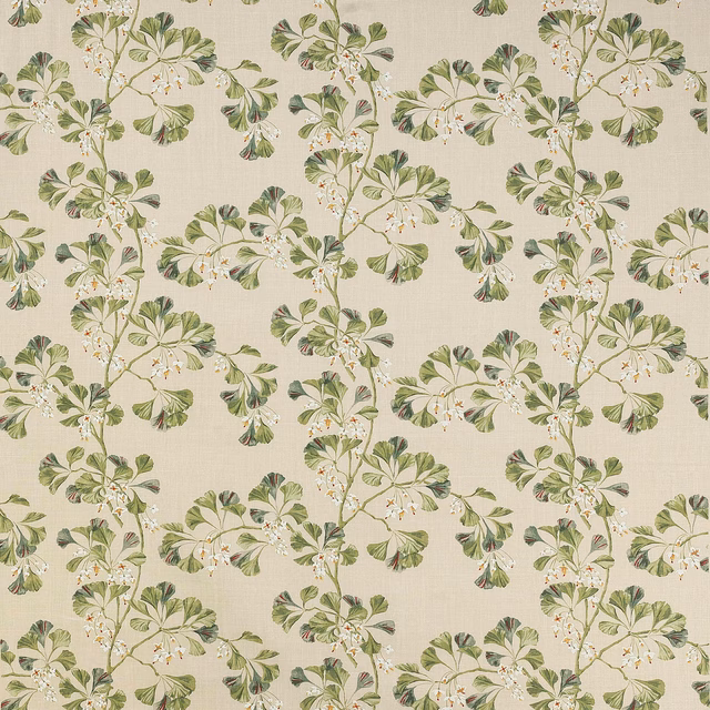 Cream linen fabric with scattered forest-green leafy floral sprigs