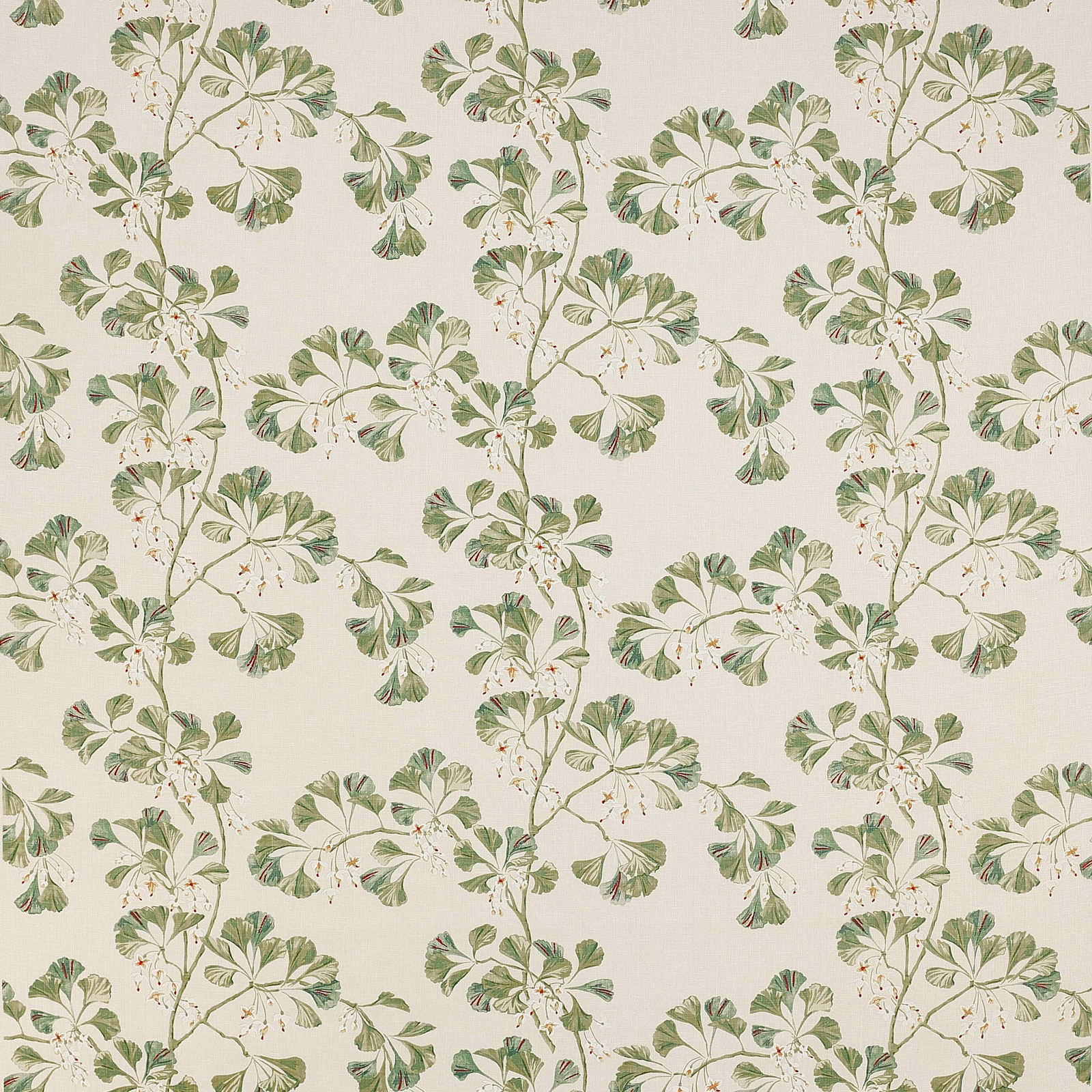 Botanical leaf print in soft green on ivory linen fabric swatch