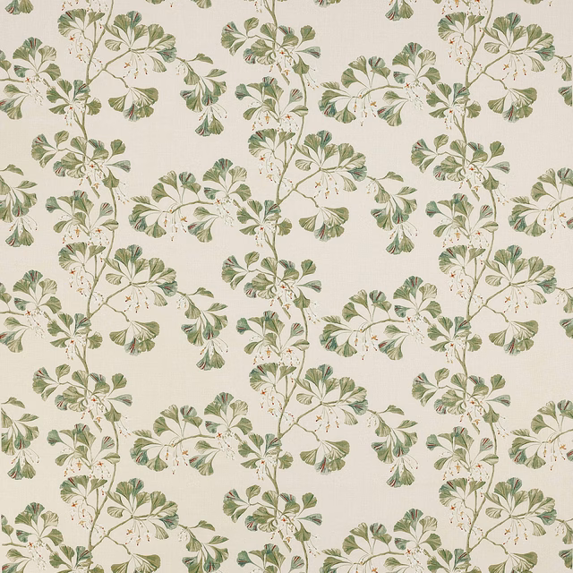 Botanical leaf print in soft green on ivory linen fabric swatch