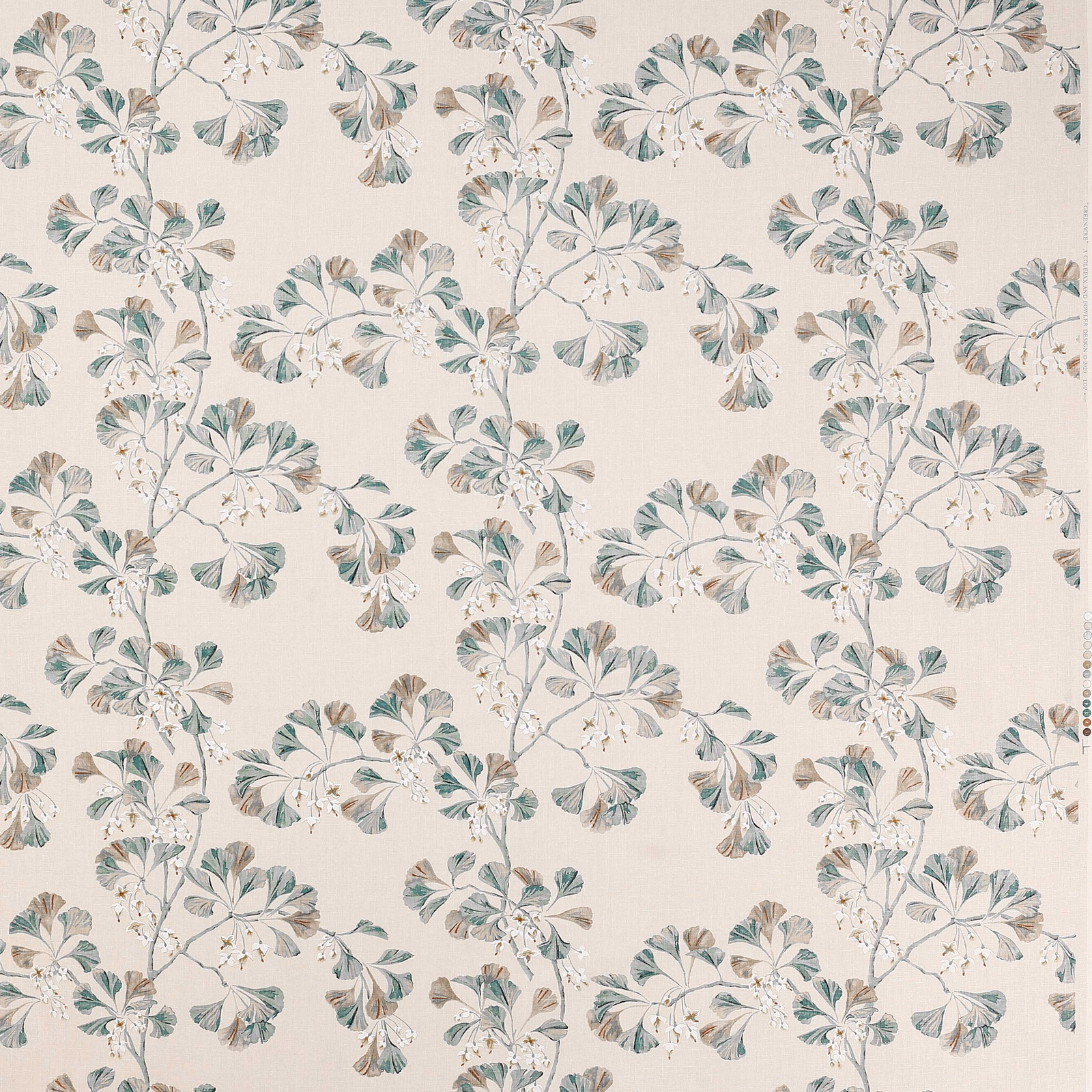 Botanical linen fabric with soft old blue leaves on a pale ground