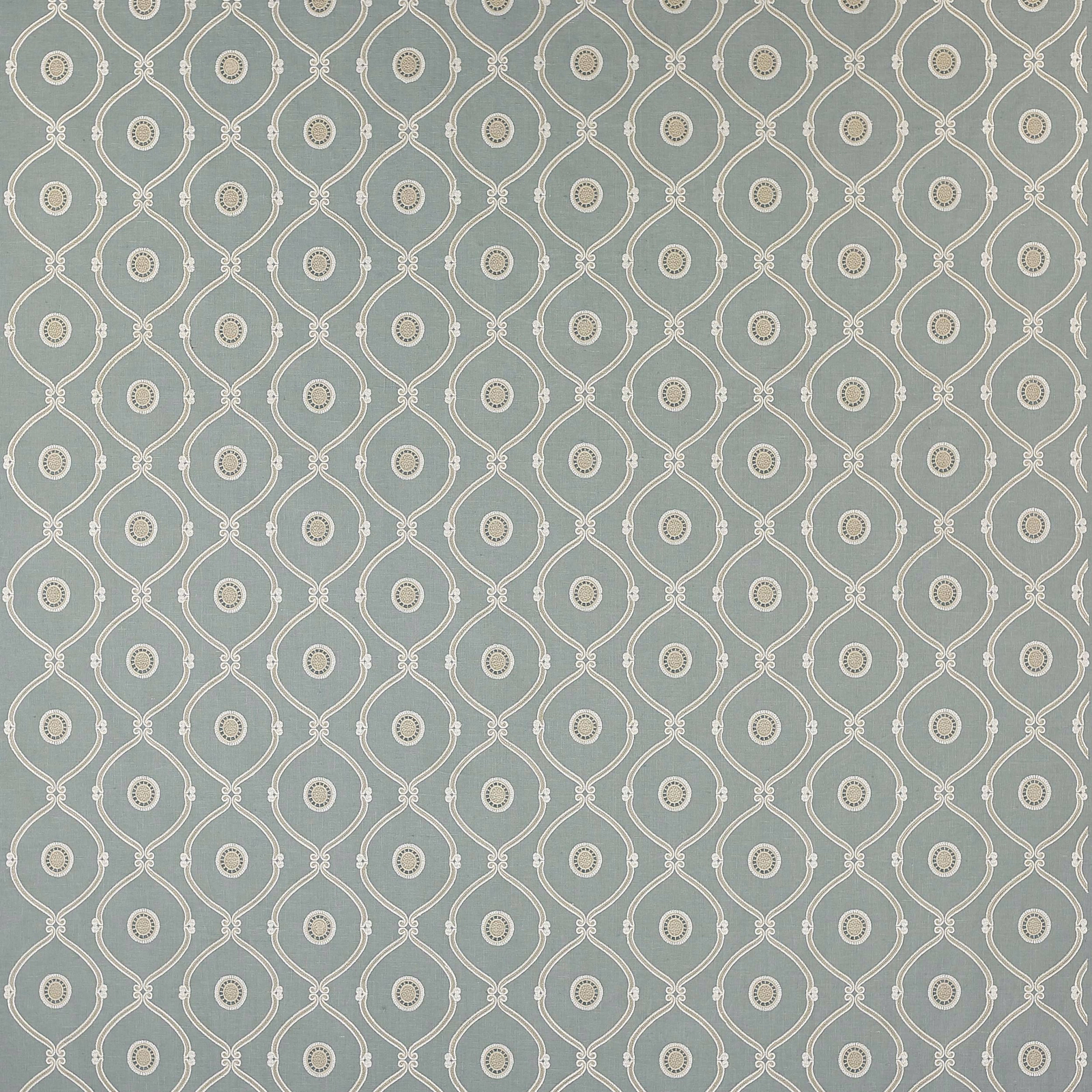 Soft blue patterned fabric with ivory geometric lattice and small round motifs