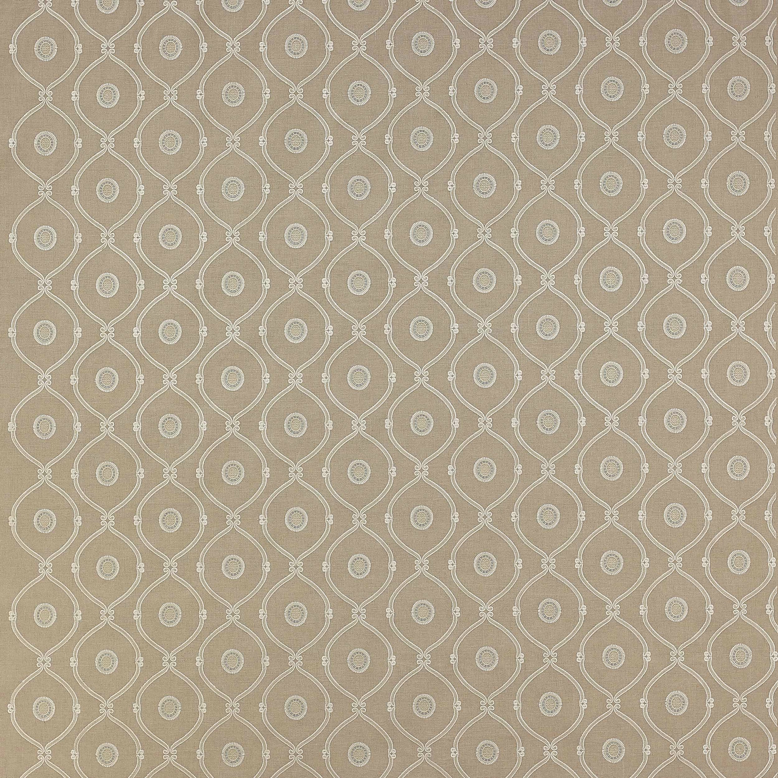 Warm beige geometric fabric with ivory outlined teardrop repeats and small circular centres