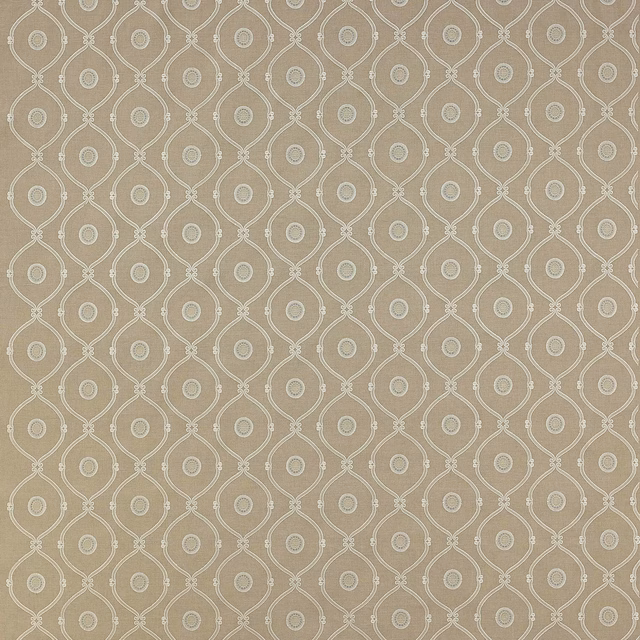 Warm beige geometric fabric with ivory outlined teardrop repeats and small circular centres