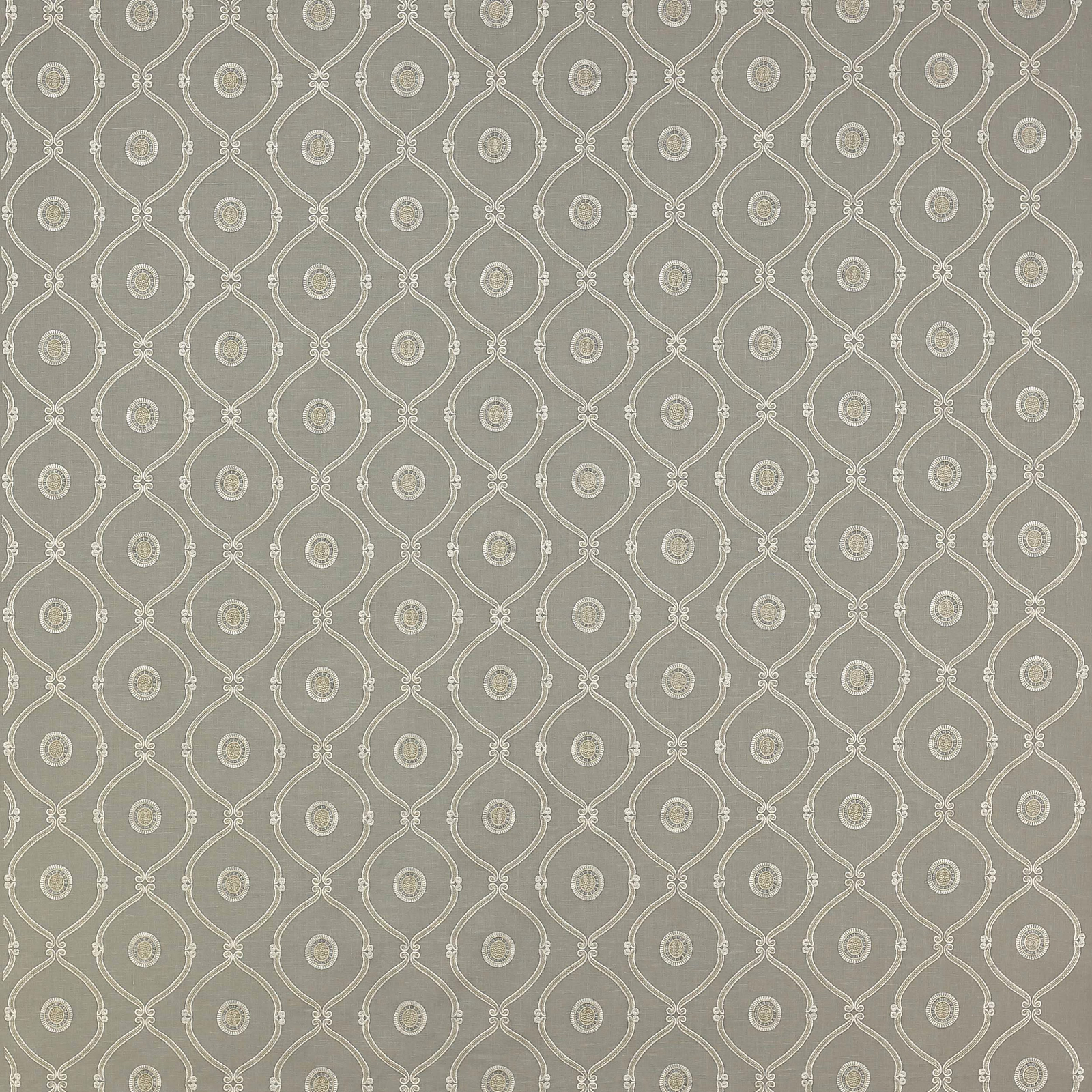 Soft blue-grey geometric fabric with linked oval motifs and small dotted centres