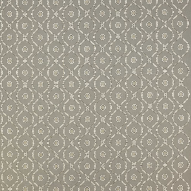 Soft blue-grey geometric fabric with linked oval motifs and small dotted centres