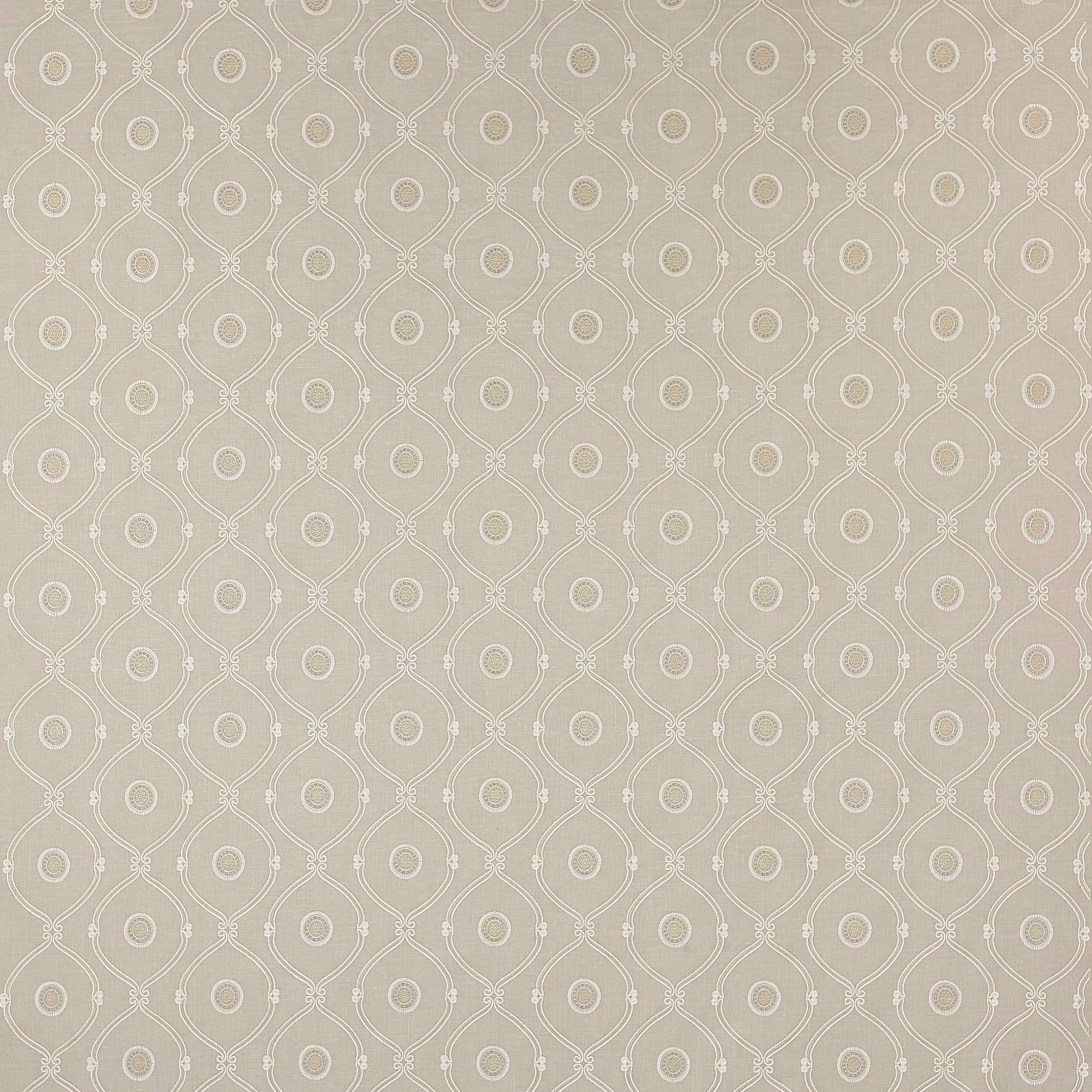 Silver-grey geometric fabric with small medallions and teardrop lattice pattern