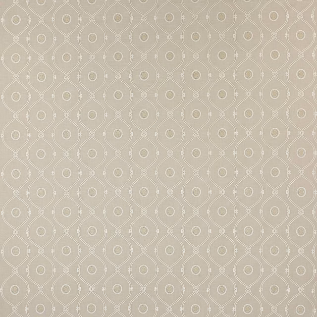 Silver-grey geometric fabric with small medallions and teardrop lattice pattern
