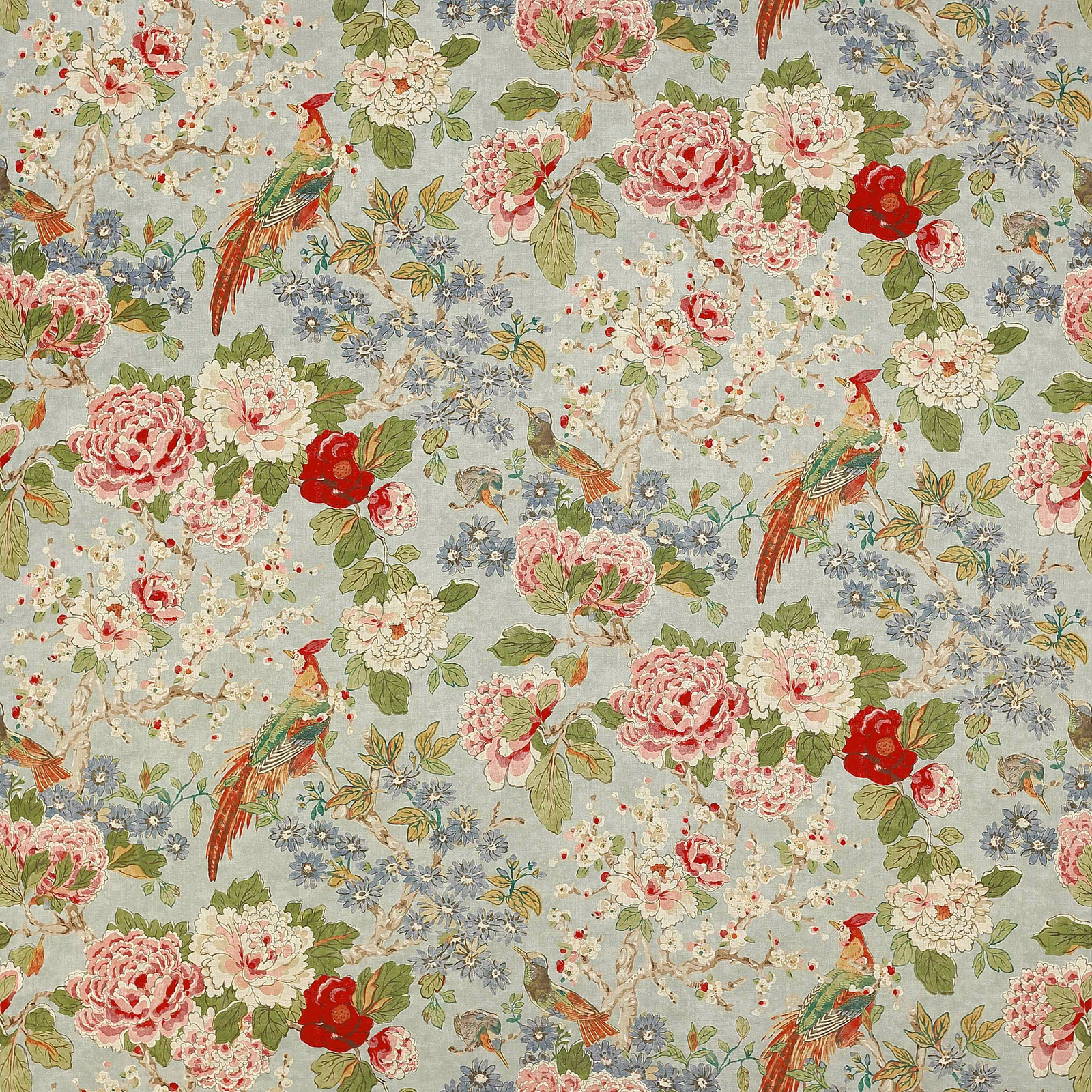 Pale old blue linen with large floral and bird chinoiserie print