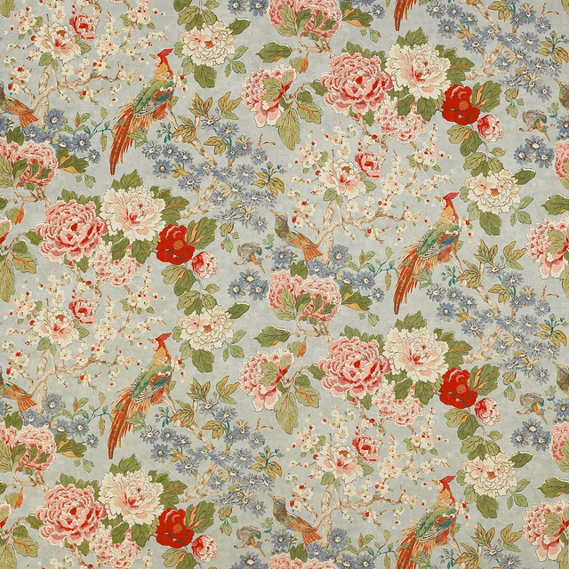 Pale old blue linen with large floral and bird chinoiserie print