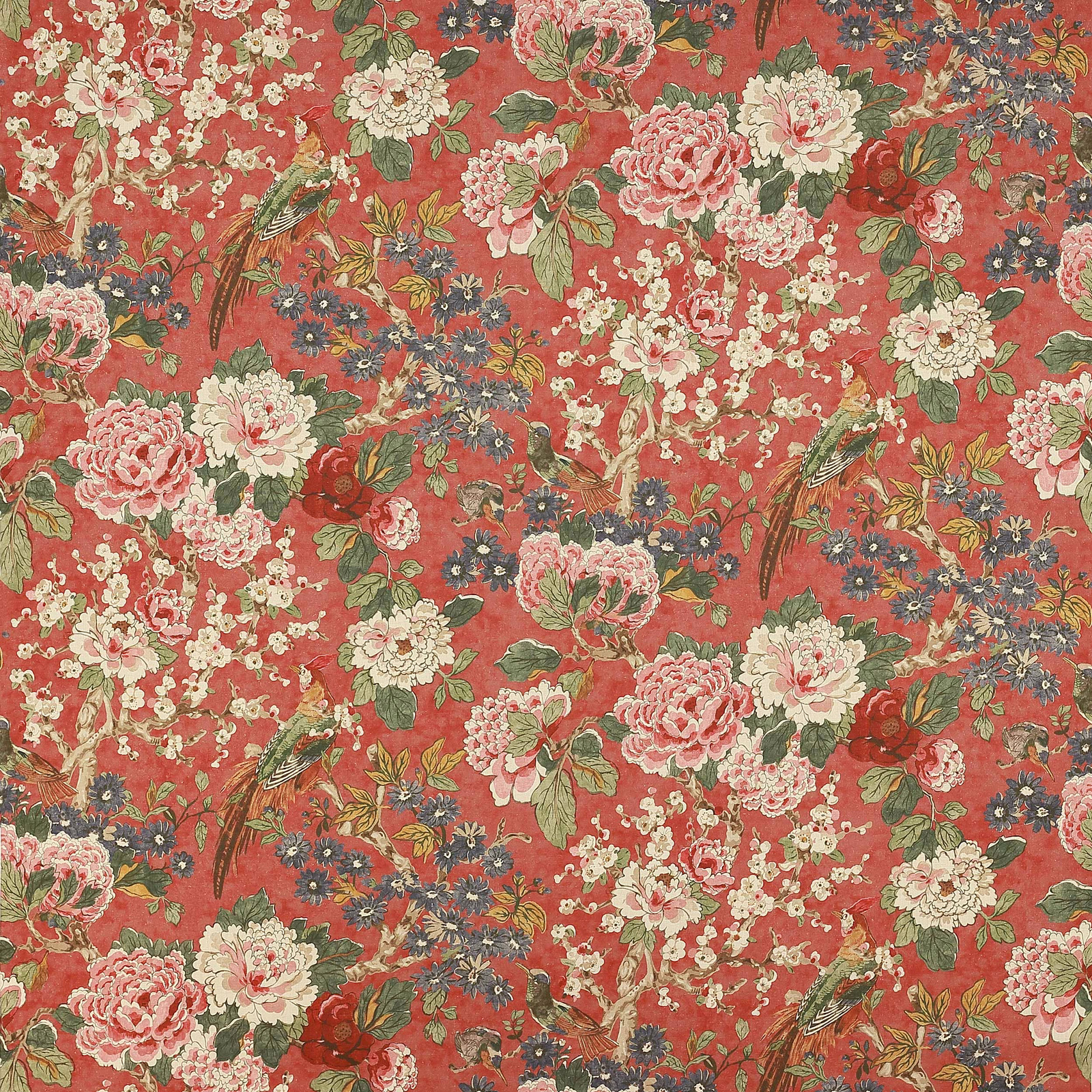 Coral-red floral linen fabric with birds, pink blooms and green foliage