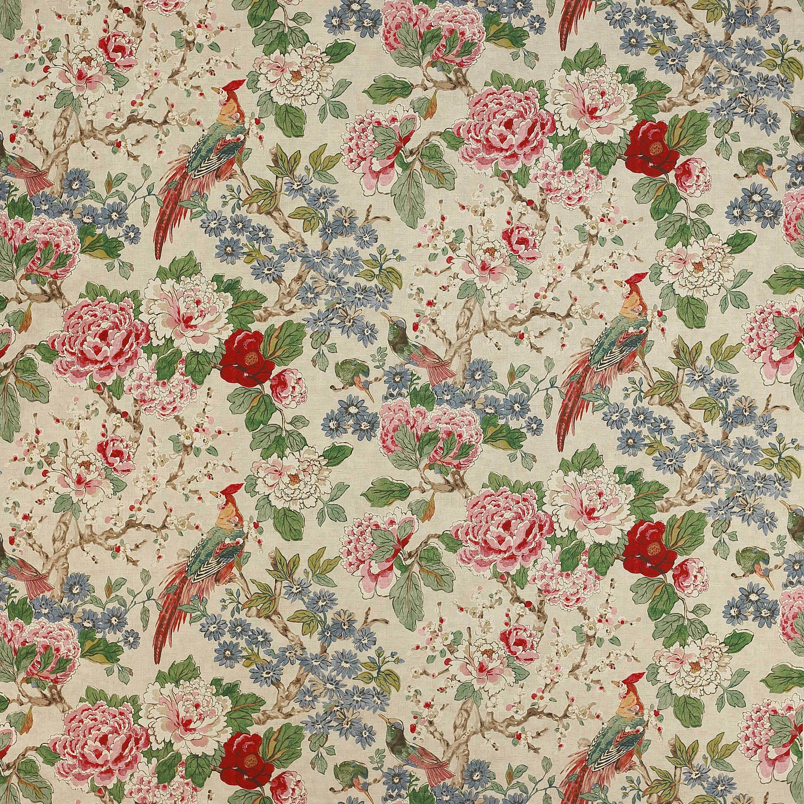 Cream linen floral fabric with red roses, blue blossoms and green birds