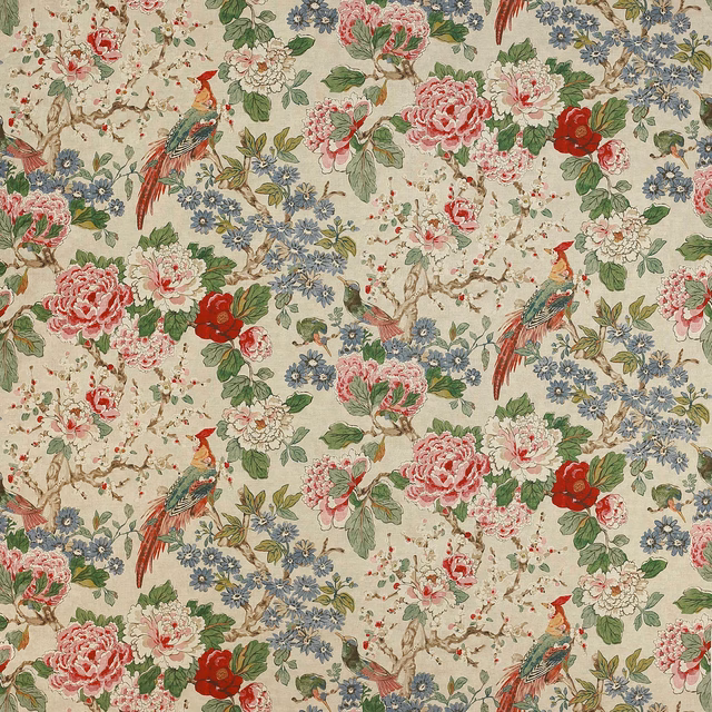 Cream linen floral fabric with red roses, blue blossoms and green birds