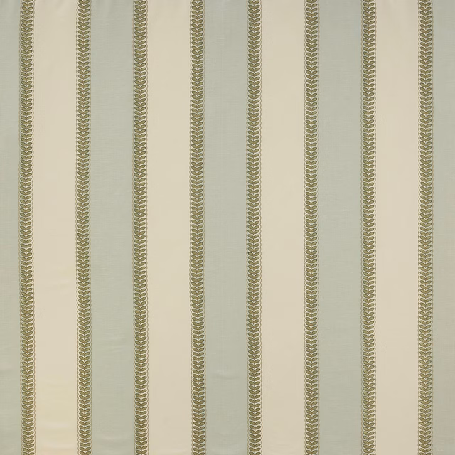 Pale aqua vertical striped fabric with fine leaf-like bands and textured weave