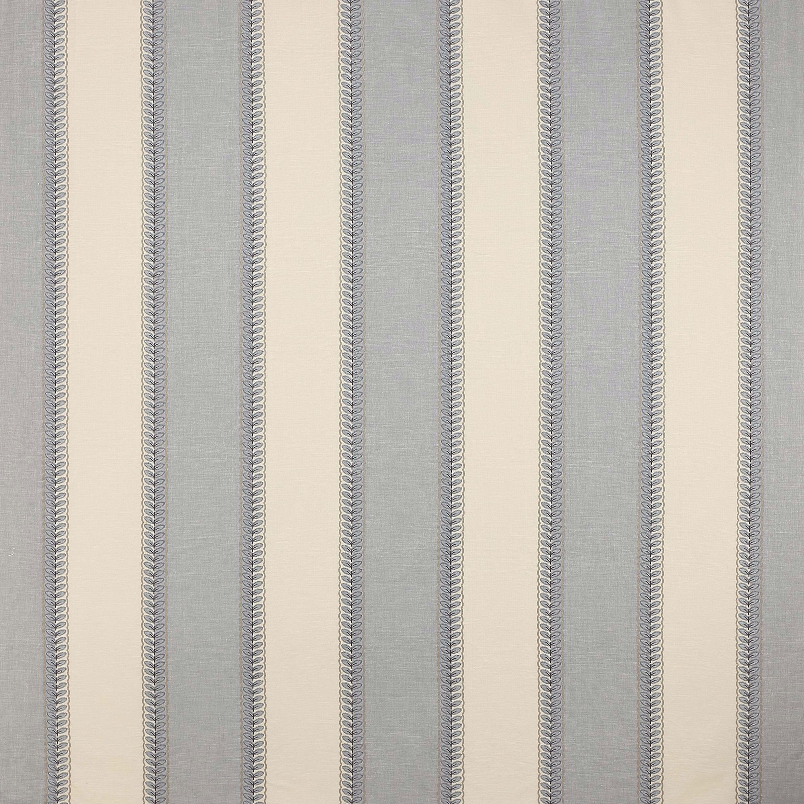 Pale blue and cream vertical stripe fabric with narrow leaf-edged trim