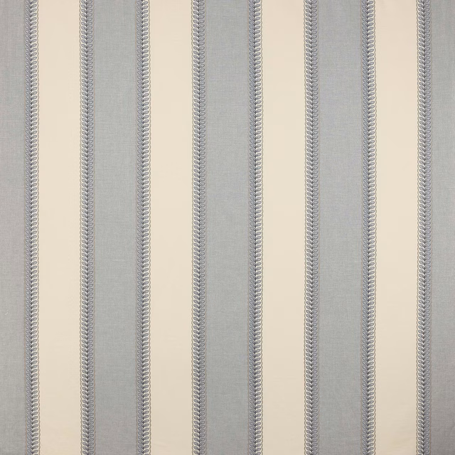 Pale blue and cream vertical stripe fabric with narrow leaf-edged trim