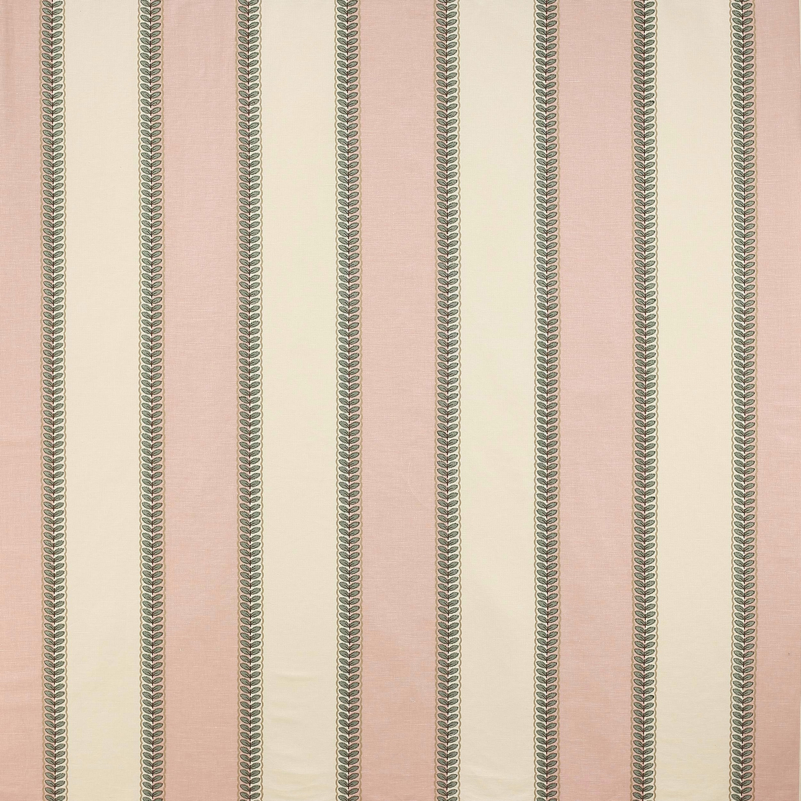 Pink and cream striped fabric with narrow green leaf-like vertical motifs