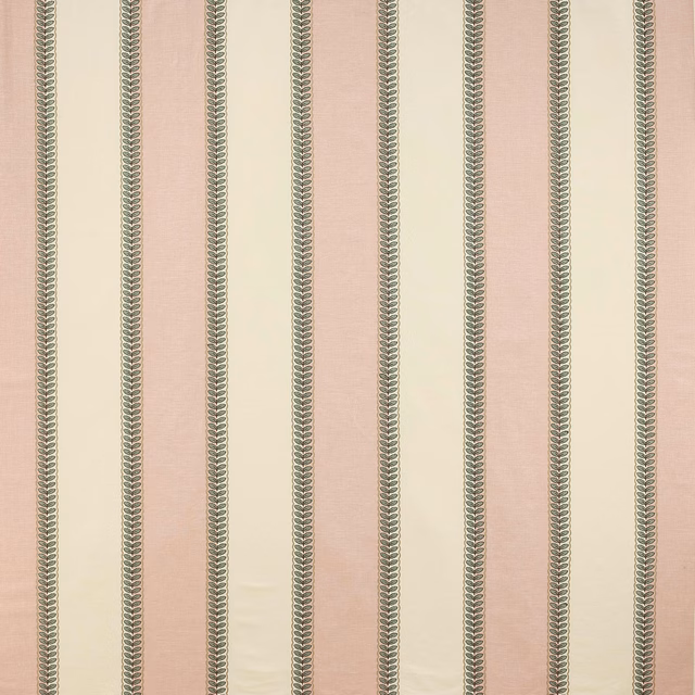 Pink and cream striped fabric with narrow green leaf-like vertical motifs
