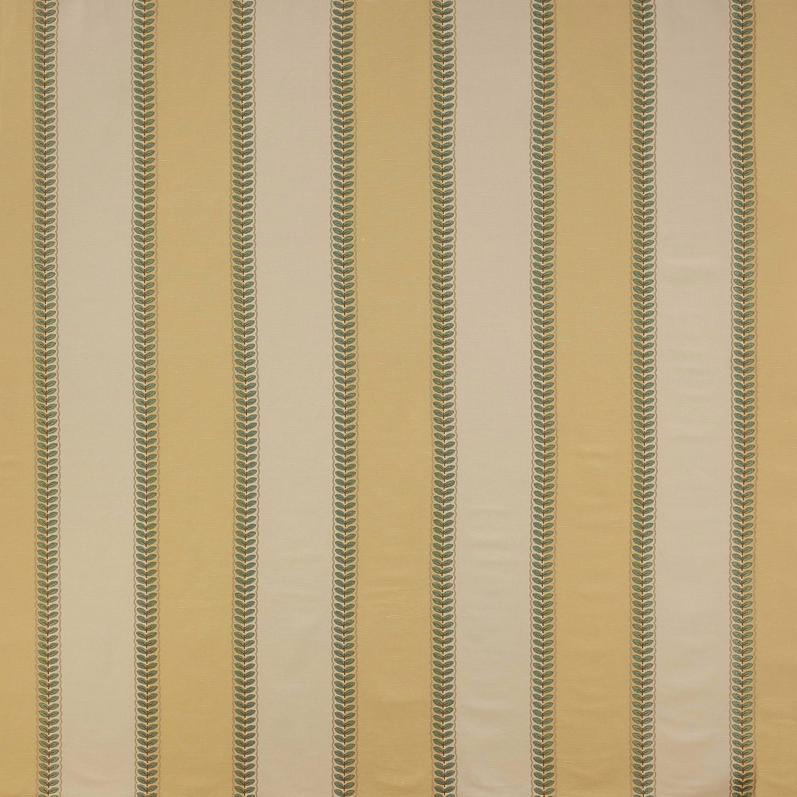 Pale yellow striped fabric with narrow green leaf bands and a woven linen texture