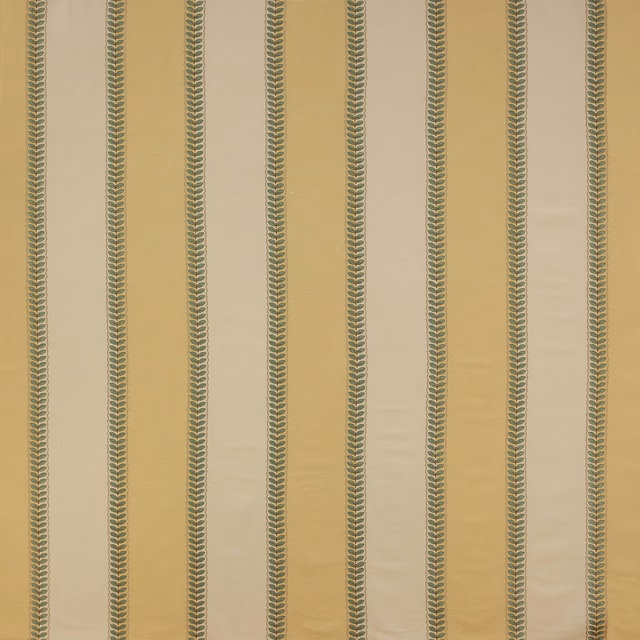 Pale yellow striped fabric with narrow green leaf bands and a woven linen texture