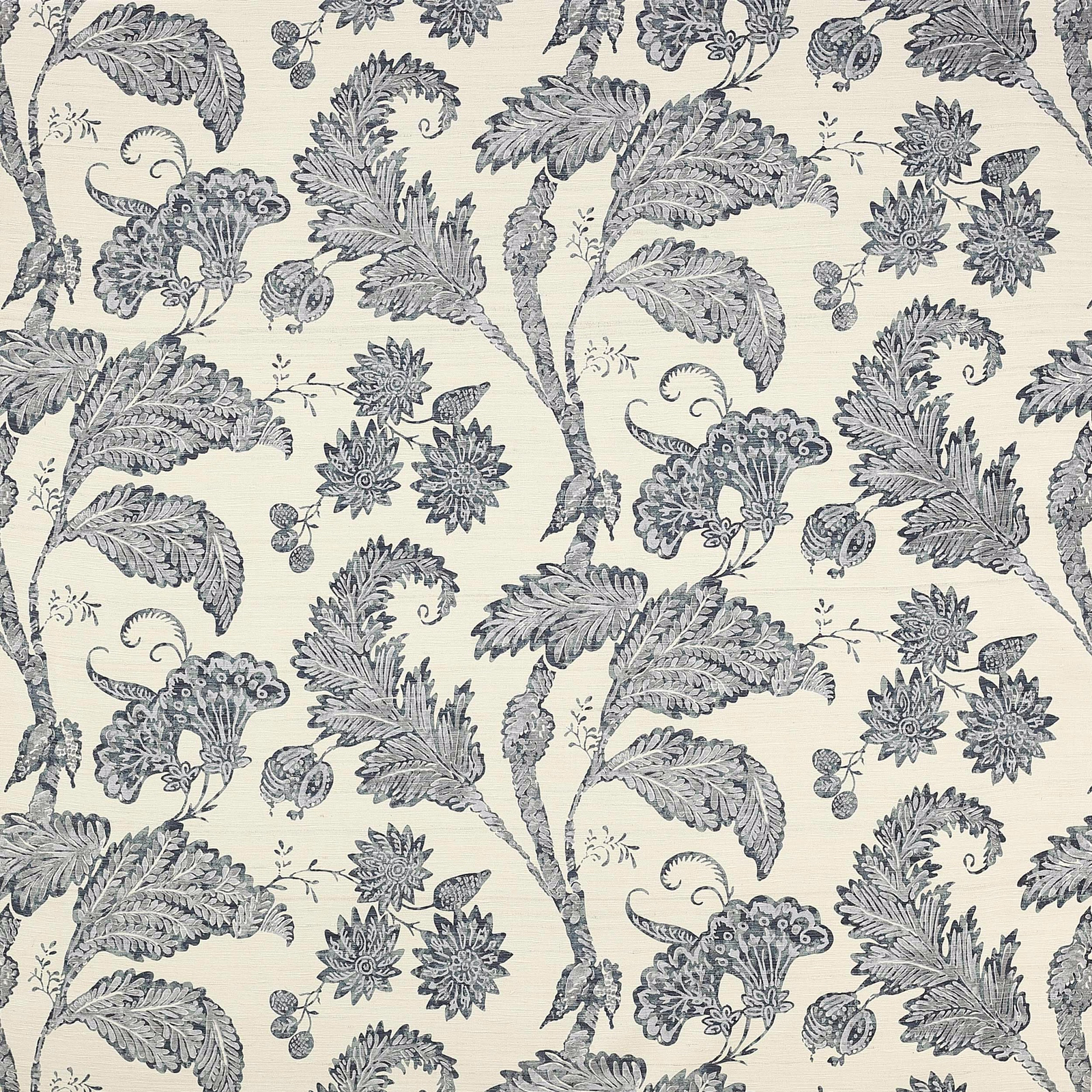 Pale blue floral trailing fabric on a creamy ground with detailed leaf and flower motifs