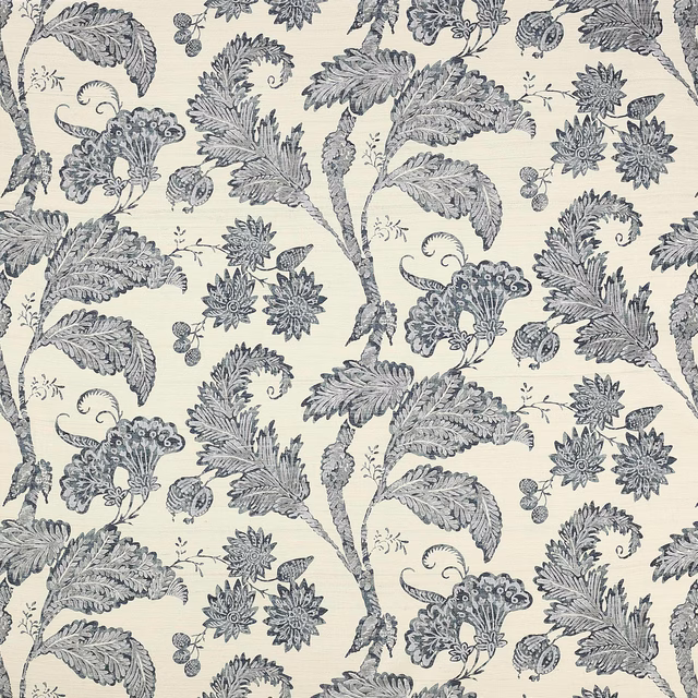 Pale blue floral trailing fabric on a creamy ground with detailed leaf and flower motifs